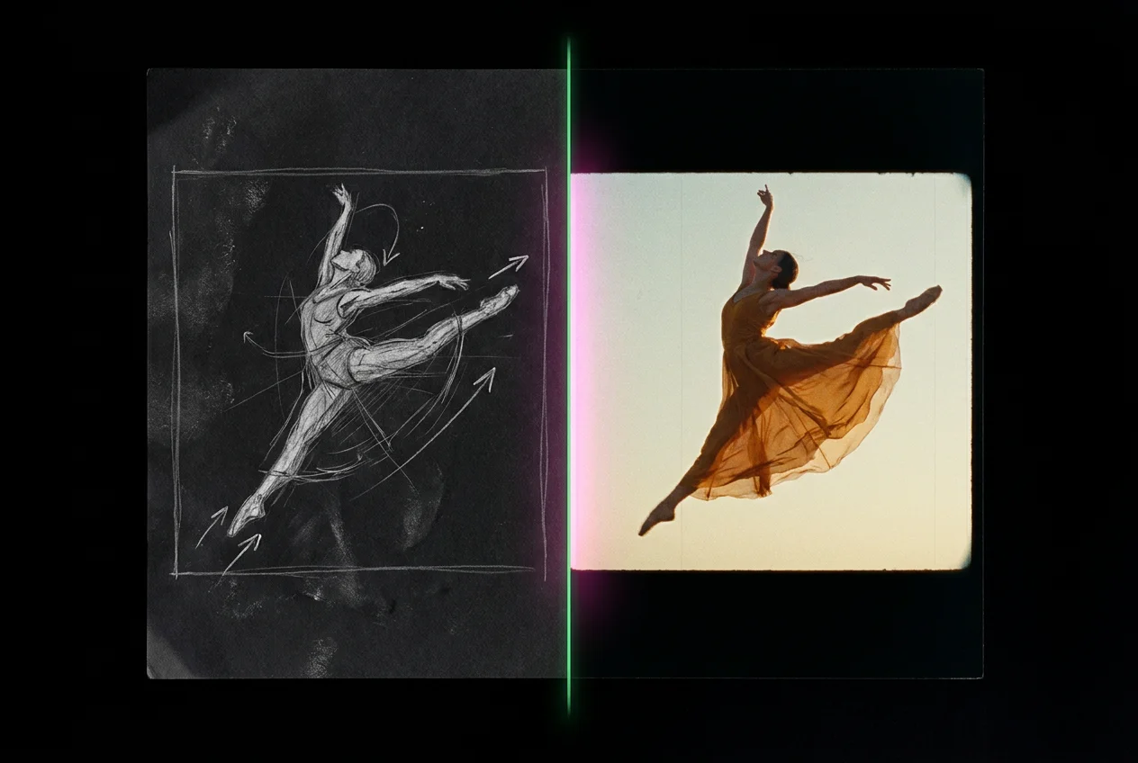 CGEYE Filmes IA & Sintografia — frame cinematográfico capturado entre storyboard e final: metade sketch de produção, metade cena fotorrealista golden hour, tensão narrativa de filme de lançamento