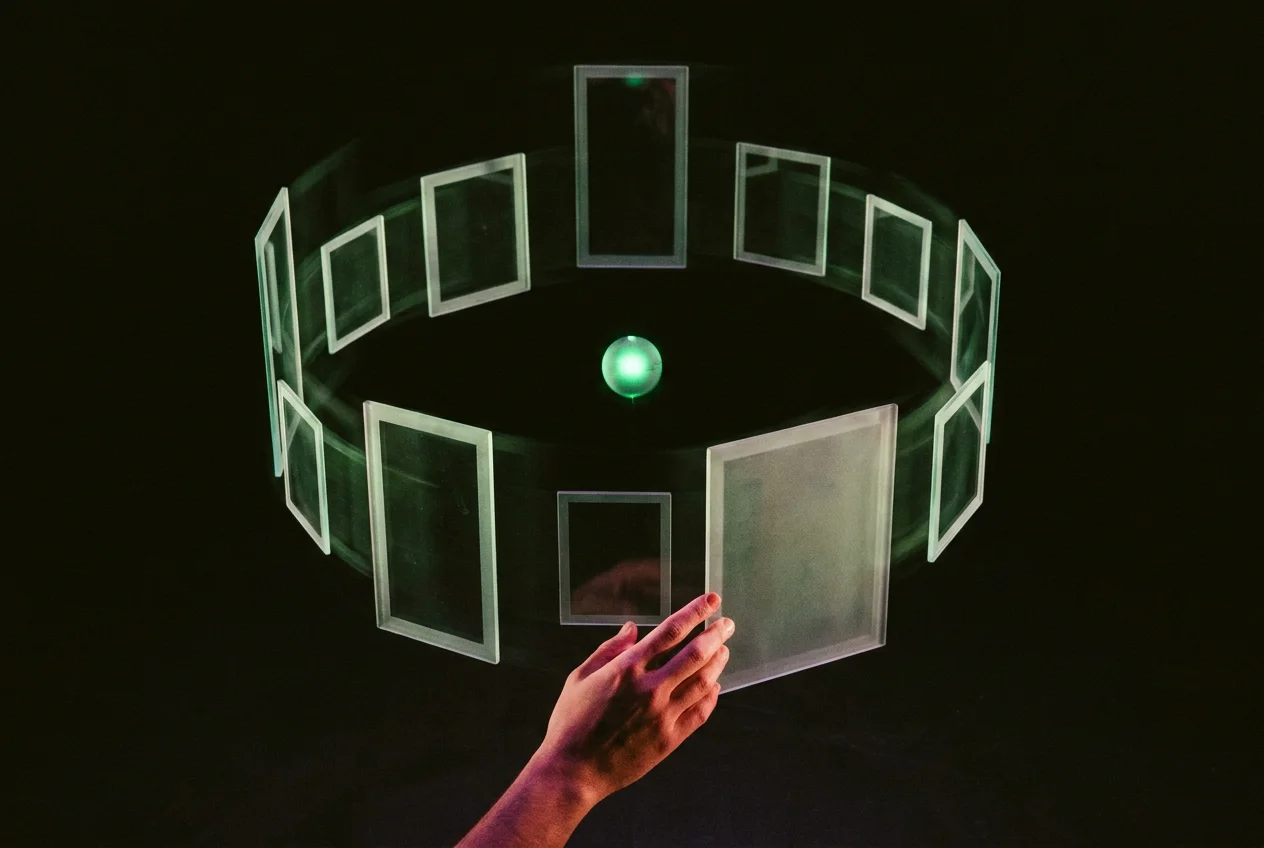 CGEYE Presença Social — constelação de formatos de conteúdo orbitando uma ideia central em palco escuro, grids 4:5 e 9:16 flutuando em ritmo, sinais verde e rosa como luz funcional