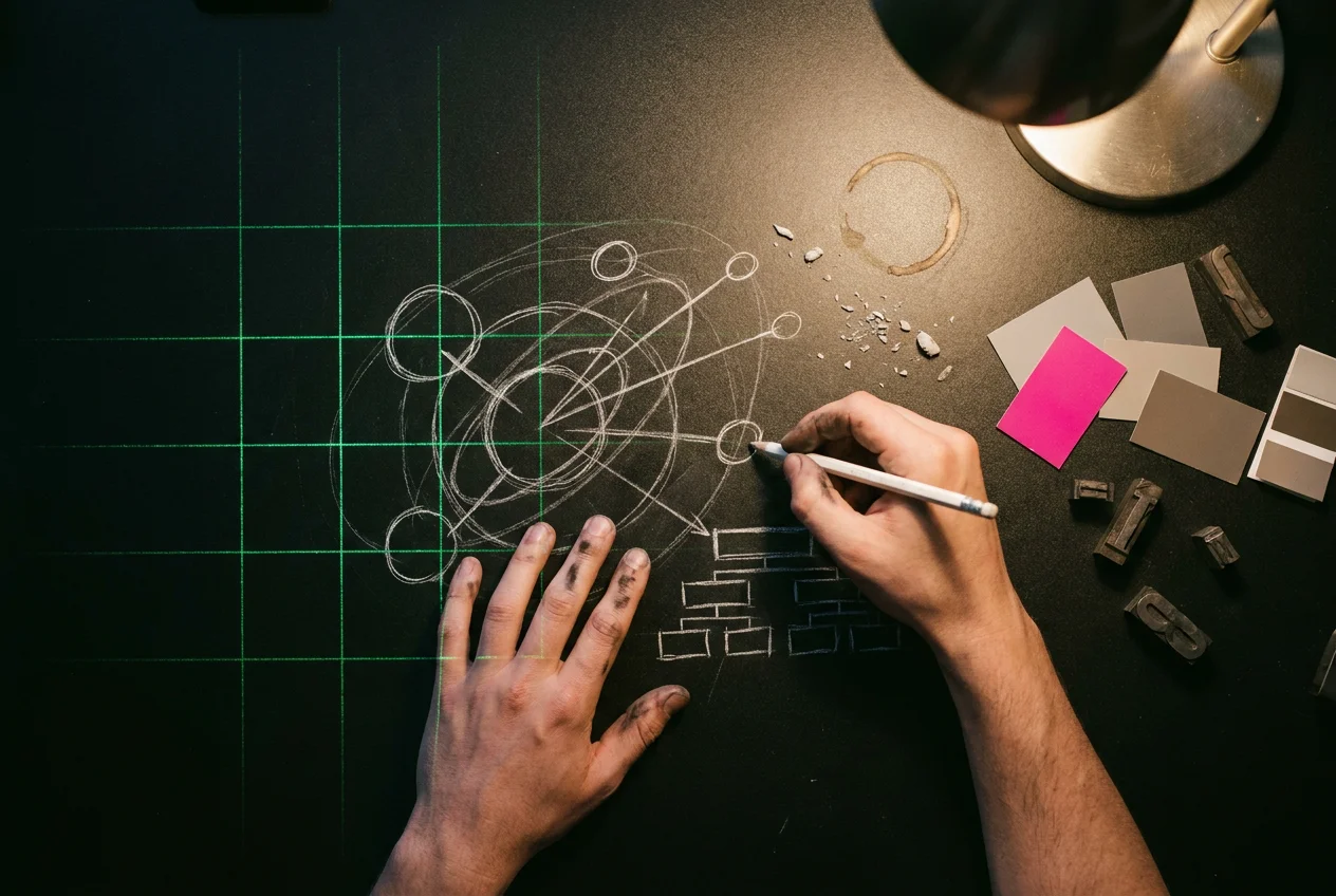 CGEYE Estratégia & Marca IA — mãos humanas desenhando diagrama de sistema de marca em mesa escura, especimens tipográficos e swatches, inteligência humana dirigindo a máquina